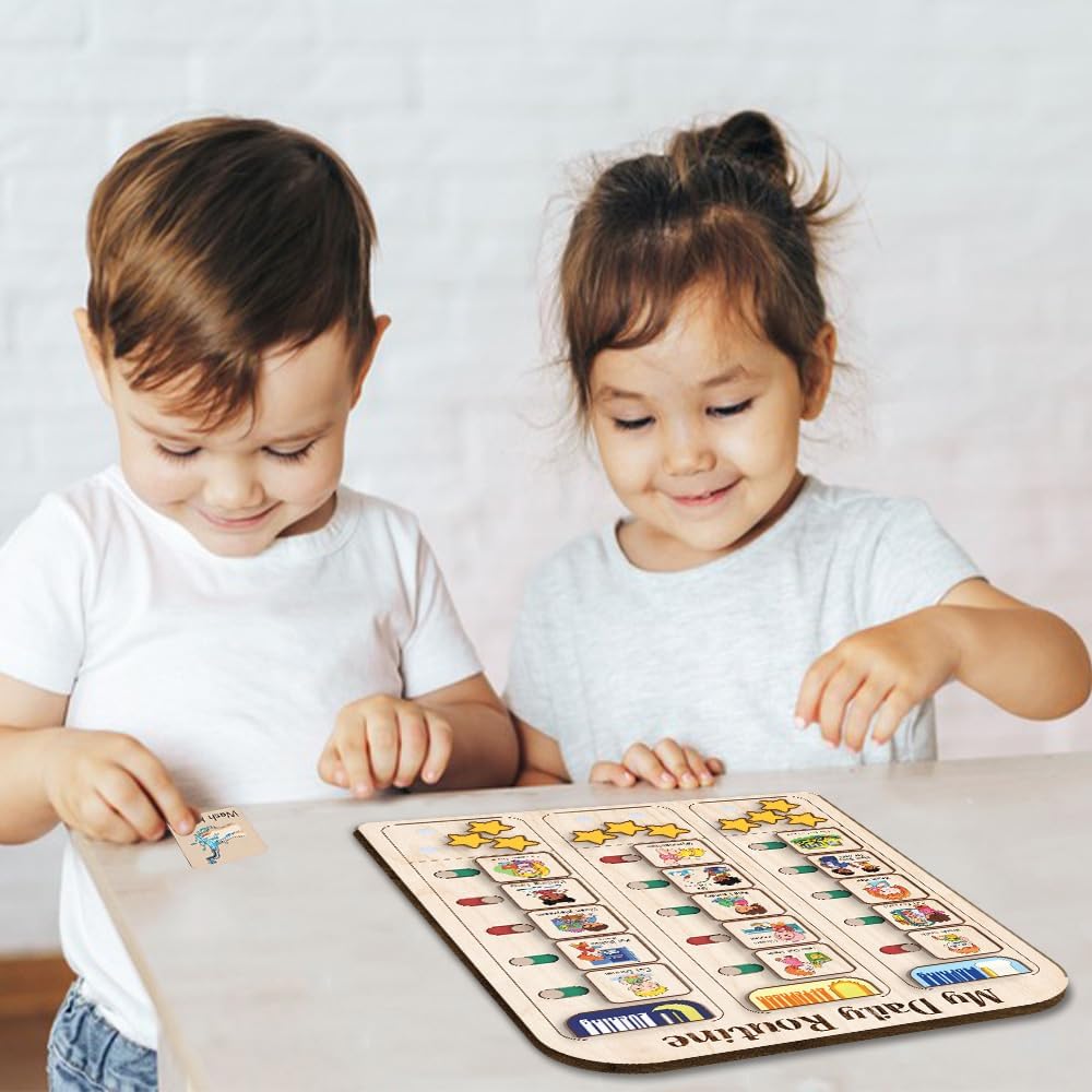 My Daily Routine Chart for Kids 11x14 Inch – Wooden Chore Chart with Morning Afternoon Evening Sections, Visual Schedule Board with Sliding Trackers & Star Reward System for Toddlers
