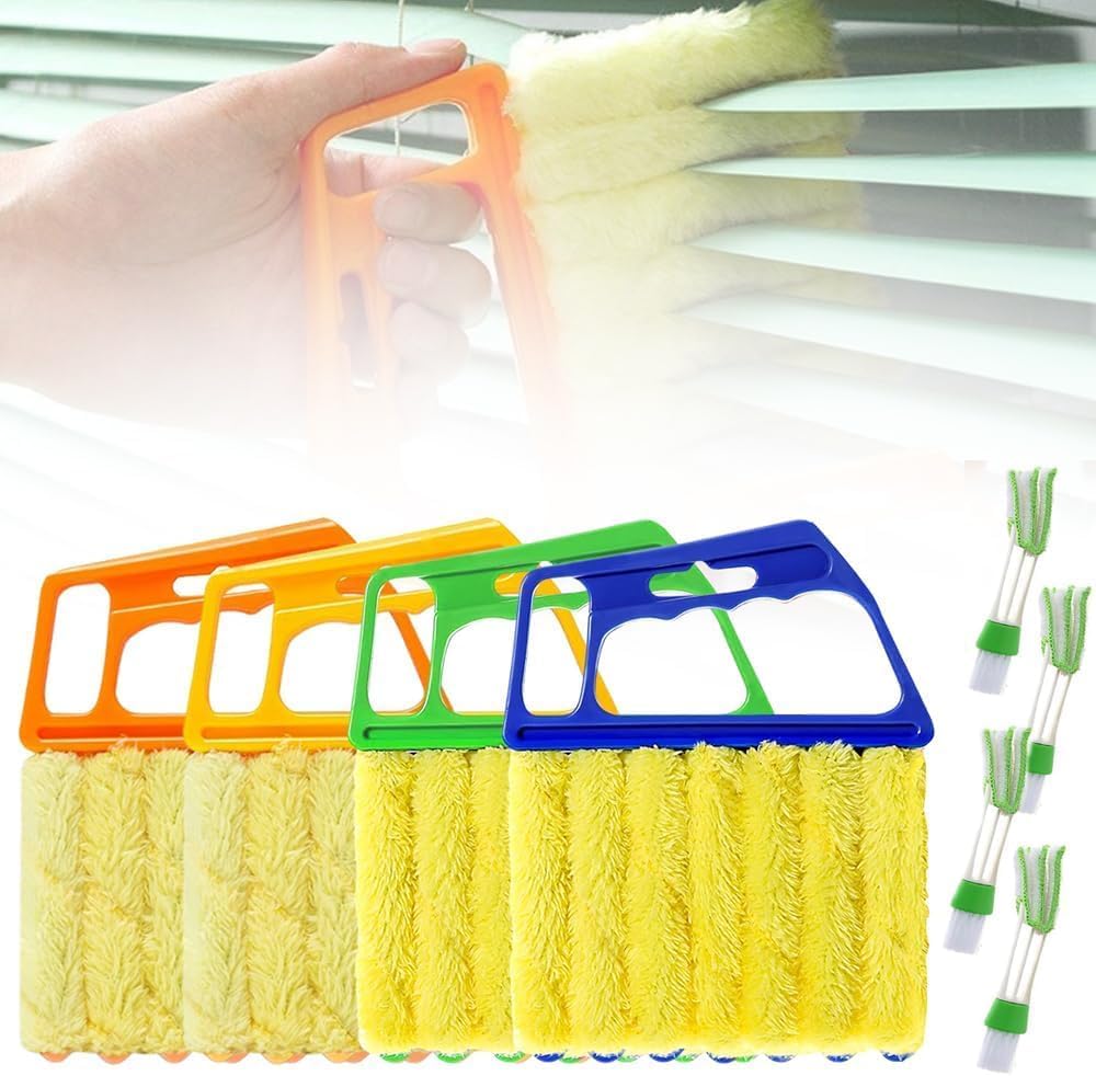 Window Blind Cleaner Duster Tool, 7 Finger Scrub Brush with Washable Microfiber Sleeves, Color Coded Cleaning Kit for Mini Vertical Blinds, Air Conditioner Vents and Fans