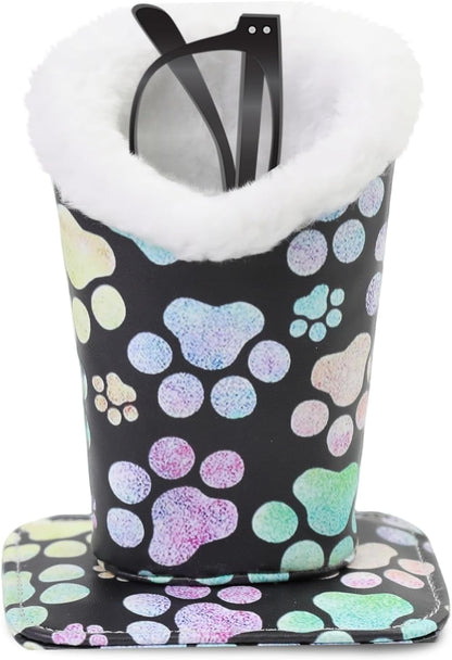 Plush Lined Eyeglasses Holder, Cute Magnetic PU Leather Glasses Stand Case for Women Men Kids