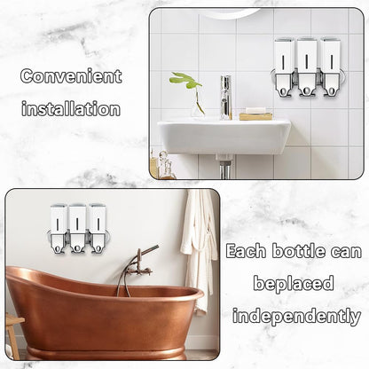 3 in 1 Chamber Wall Mounted Shampoo and Conditioner Dispenser (Silver) | No Drill Shower Soap Dispenser for Bathroom & Hotel Leak-Proof Pumps, Easy Installation and Large Capacity