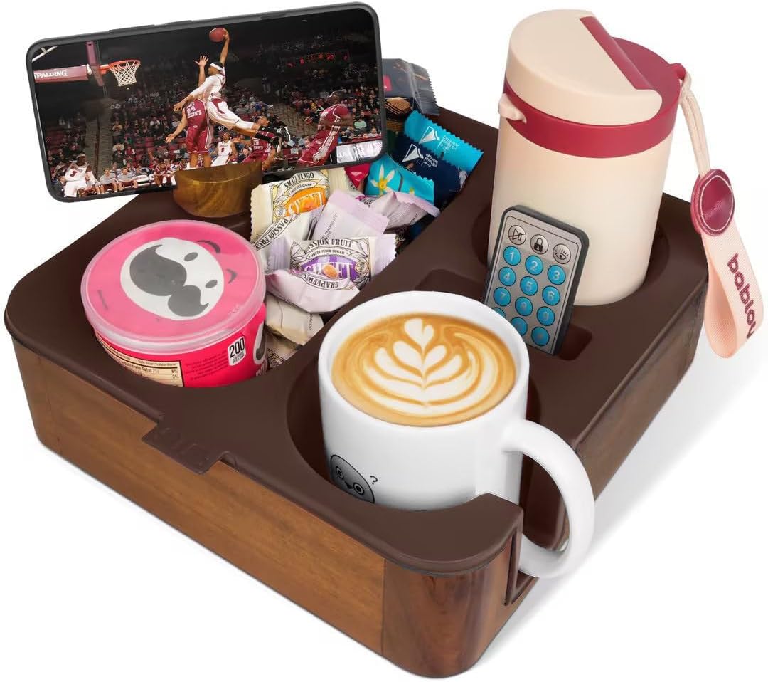 Couch Cup Holder Tray, Real Acacia Wooden Caddy with Soft Silicone, Snack and Drink Organizer- Perfect Movie Night Accessories for Bed, Remote and Cup Holders for Sofa (Black)