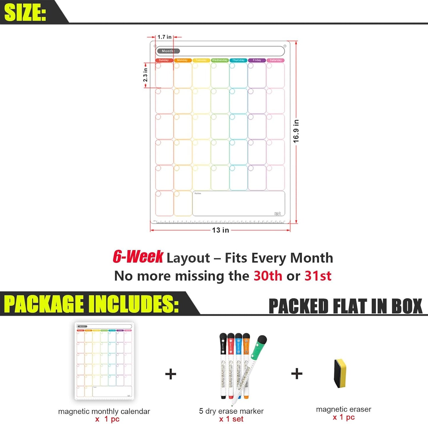 Magnetic Calendar for Fridge, Dry Erase Weekly Planner, 13" x 16.9" | Strong Magnetic Hold, Vertical Weekly Layout, Large Daily Spaces, Easy to Clean, Color-Coded, Dual-Magnet Markers & Eraser