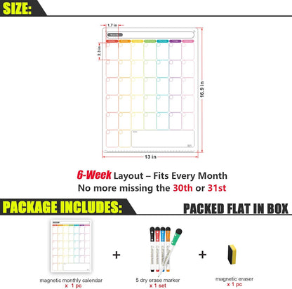 Magnetic Calendar for Fridge, Dry Erase Weekly Planner, 13" x 16.9" | Strong Magnetic Hold, Vertical Weekly Layout, Large Daily Spaces, Easy to Clean, Color-Coded, Dual-Magnet Markers & Eraser