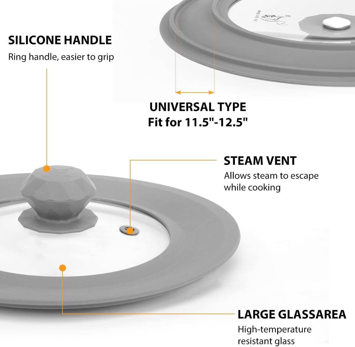 Vented Tempered Glass Universal Lid for Pot Pan Skillet with Heat Resistant Silicone Rim Microwave Splatter Lid Cover Microwave Safe Fit 11.5" 12" 12.5" Cookware, Dishwasher Safe Black