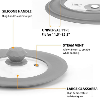 Vented Tempered Glass Universal Lid for Pot Pan Skillet with Heat Resistant Silicone Rim Microwave Splatter Lid Cover Microwave Safe Fit 11.5" 12" 12.5" Cookware, Dishwasher Safe Black