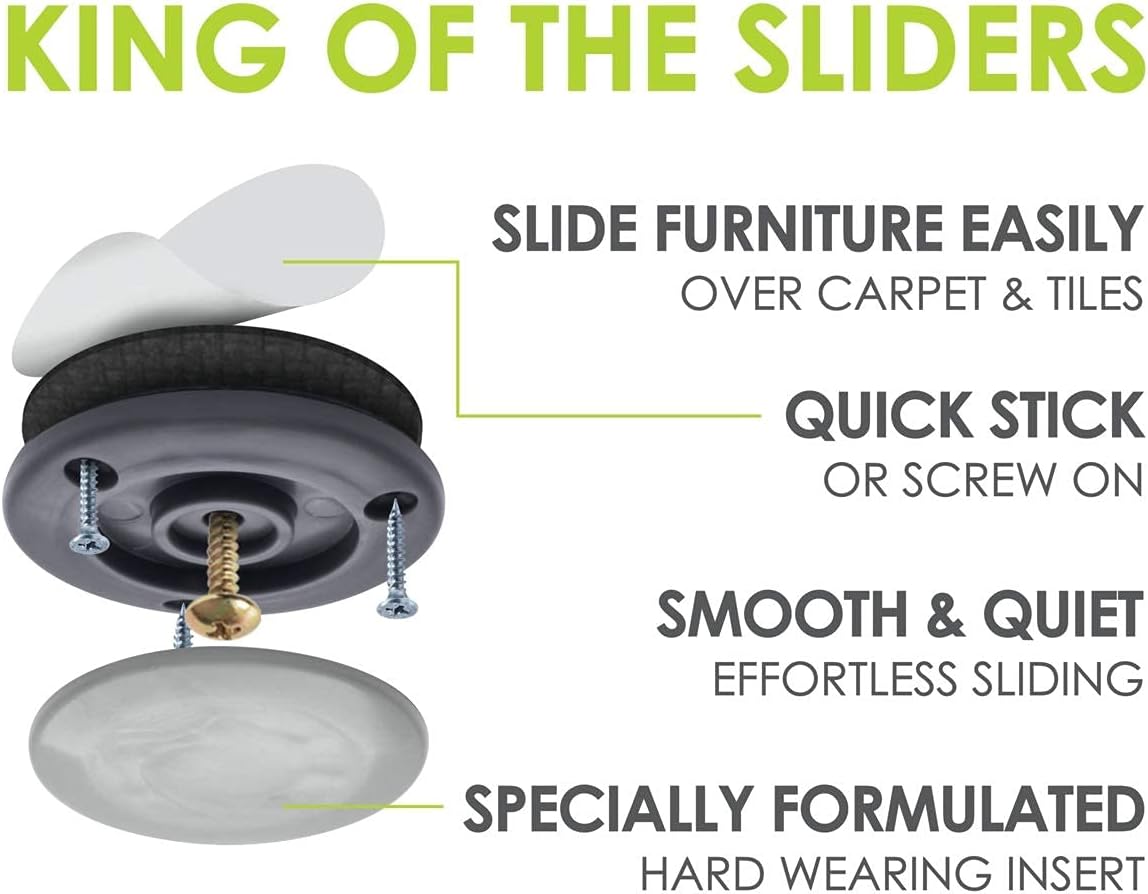 GorillaGlides 1 Inch Chair Sliders/Furniture Floor Protectors (16 Furniture Glides) Self-Adhesive Screw On Chair Glides for Sliding on Low-Pile Carpet & Hard Surface Floors, Round
