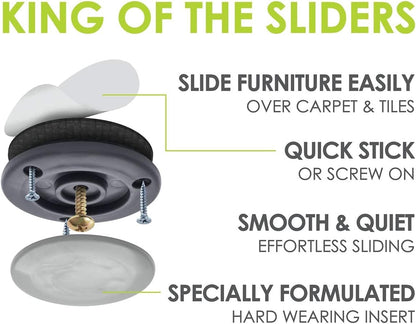 GorillaGlides 1 Inch Chair Sliders/Furniture Floor Protectors (16 Furniture Glides) Self-Adhesive Screw On Chair Glides for Sliding on Low-Pile Carpet & Hard Surface Floors, Round