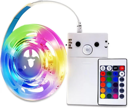 Motion Sensor Strip Lights Battery Operated, 6.6FT Color Changing Led Strip Light Dimmable with Remote/4Modes, RGB & Warm White Light Strip Waterproof for Bedroom Bathroom Cabinet Closet Indoor