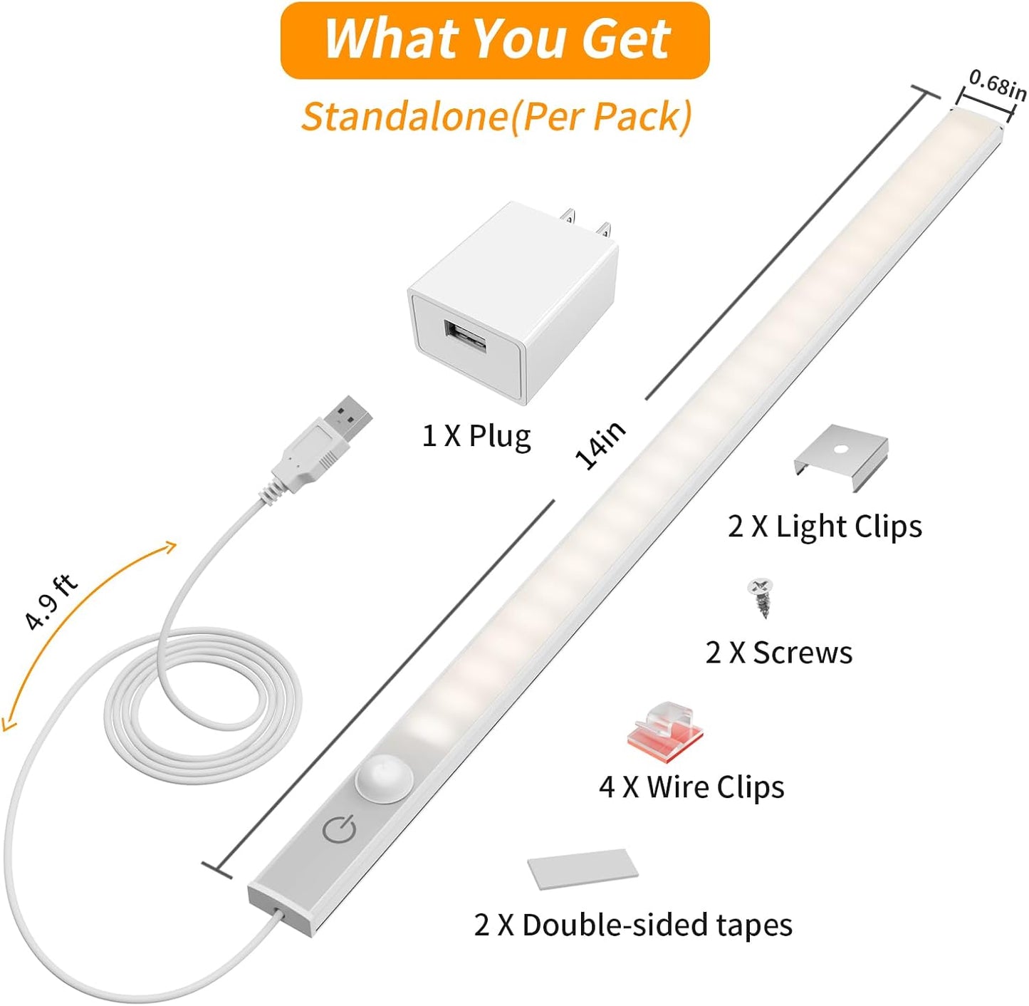 USB Plug-in Motion Sensor Light, ON/Night/Day Modes, Bright&Dimmable | 14" Slim LED Under Cabinet Lighting Indoor for Kitchen, Cabinet, Closet - 6000K Cool White, 1-Bar Standalone