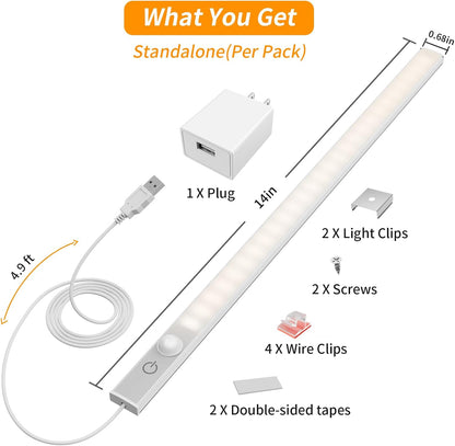 USB Plug-in Motion Sensor Light, ON/Night/Day Modes, Bright&Dimmable | 14" Slim LED Under Cabinet Lighting Indoor for Kitchen, Cabinet, Closet - 6000K Cool White, 1-Bar Standalone