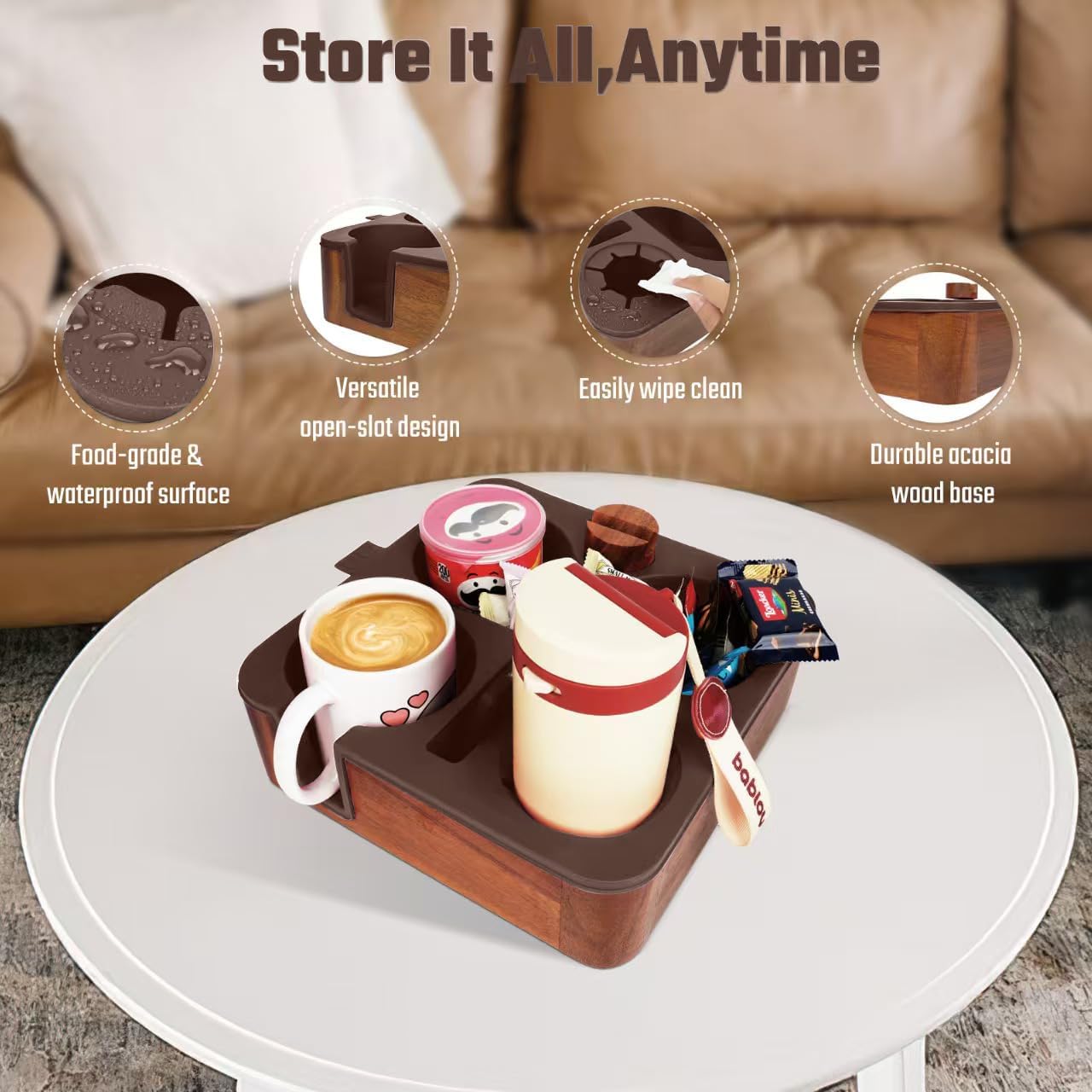 Couch Cup Holder Tray, Real Acacia Wooden Caddy with Soft Silicone, Snack and Drink Organizer- Perfect Movie Night Accessories for Bed, Remote and Cup Holders for Sofa (Black)