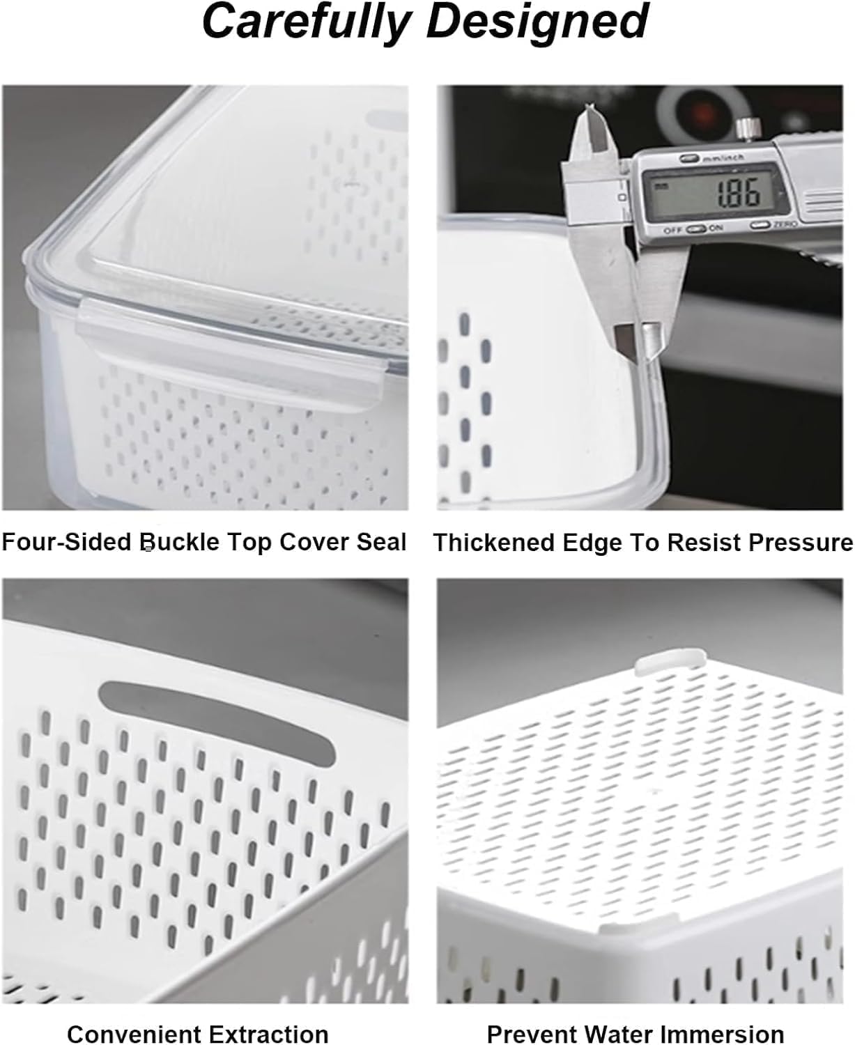 4 In 1 Food Storage Container, Fruit Storage Containers for Fridge, Household Transparent Plastic Food Storage Box-Including Drain Basket, Soak, Wash, Drain, and Store (Gray, S+M+L)