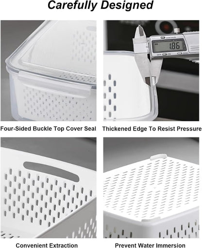 4 In 1 Food Storage Container, Fruit Storage Containers for Fridge, Household Transparent Plastic Food Storage Box-Including Drain Basket, Soak, Wash, Drain, and Store (Gray, S+M+L)