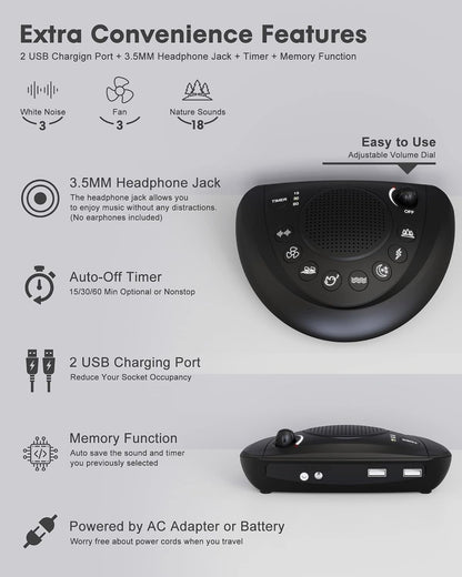 Mesqool Portable White Noise Machine with 24 Soothing Sounds for Sleep | Timer and memory function, headphone jack, USB charging, and AC or battery power for babies, kids, adults and travel