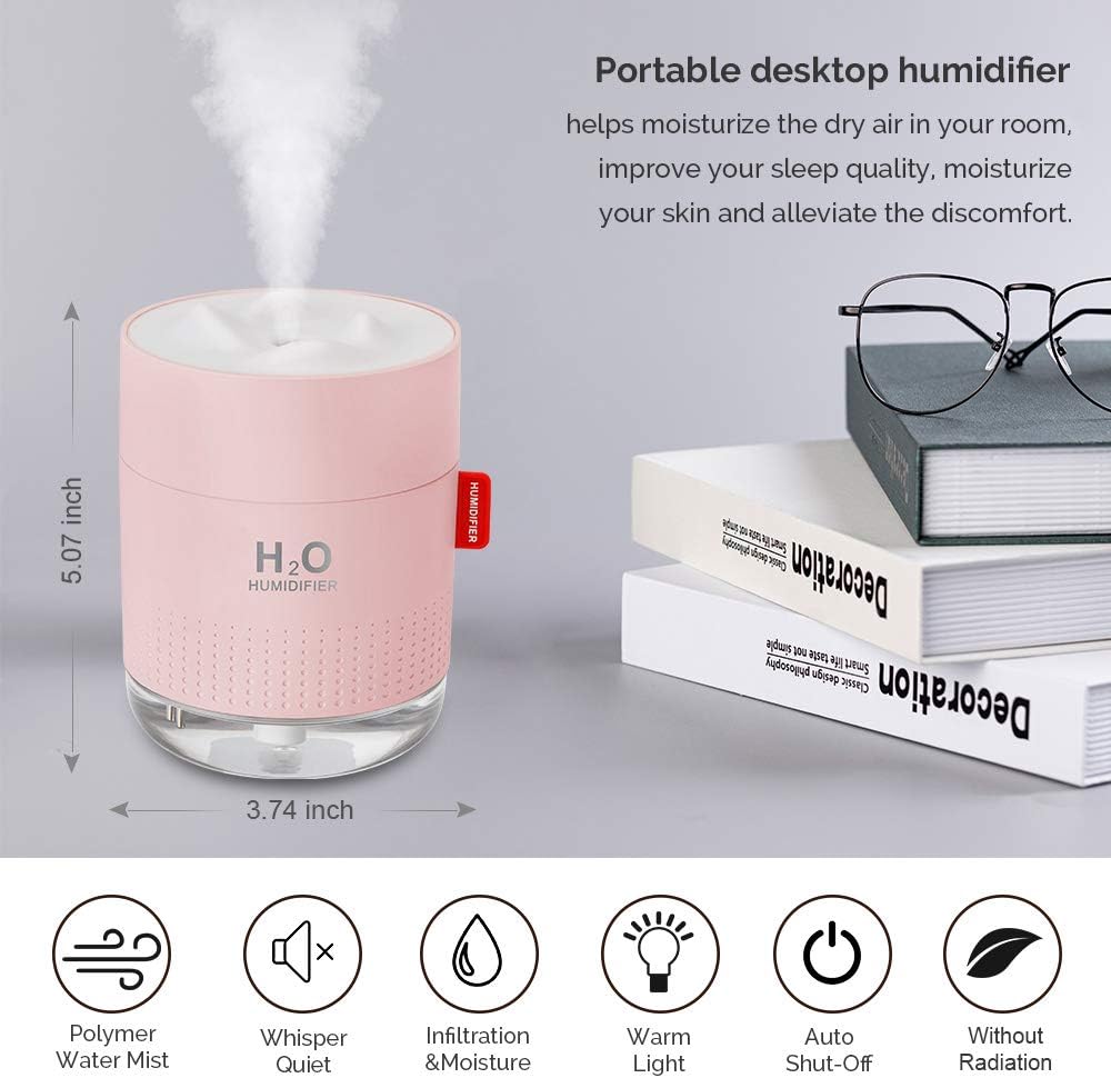 Portable Mini Humidifier, 500ml Small Humidifier for Bedroom Travel, White | USB Personal Cool Mist Humidifier for Baby Room Office Desk Home Plants, Auto Shut-Off, 2 Mist Modes, Super Quiet