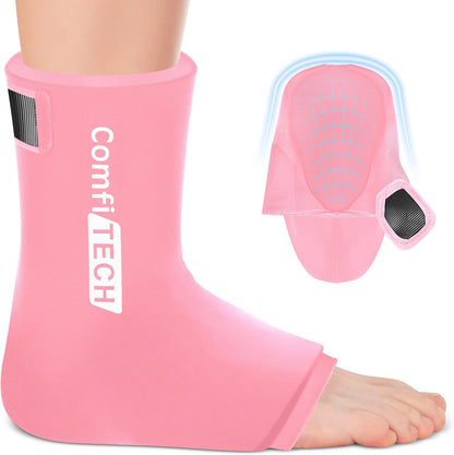 ComfiTECH Ankle Ice Pack Wrap, Large Opening for Foot & Heel, L, Pink | Pliable After Frozen, Eases Ankle Sprains, Heel Soreness & Foot Swelling