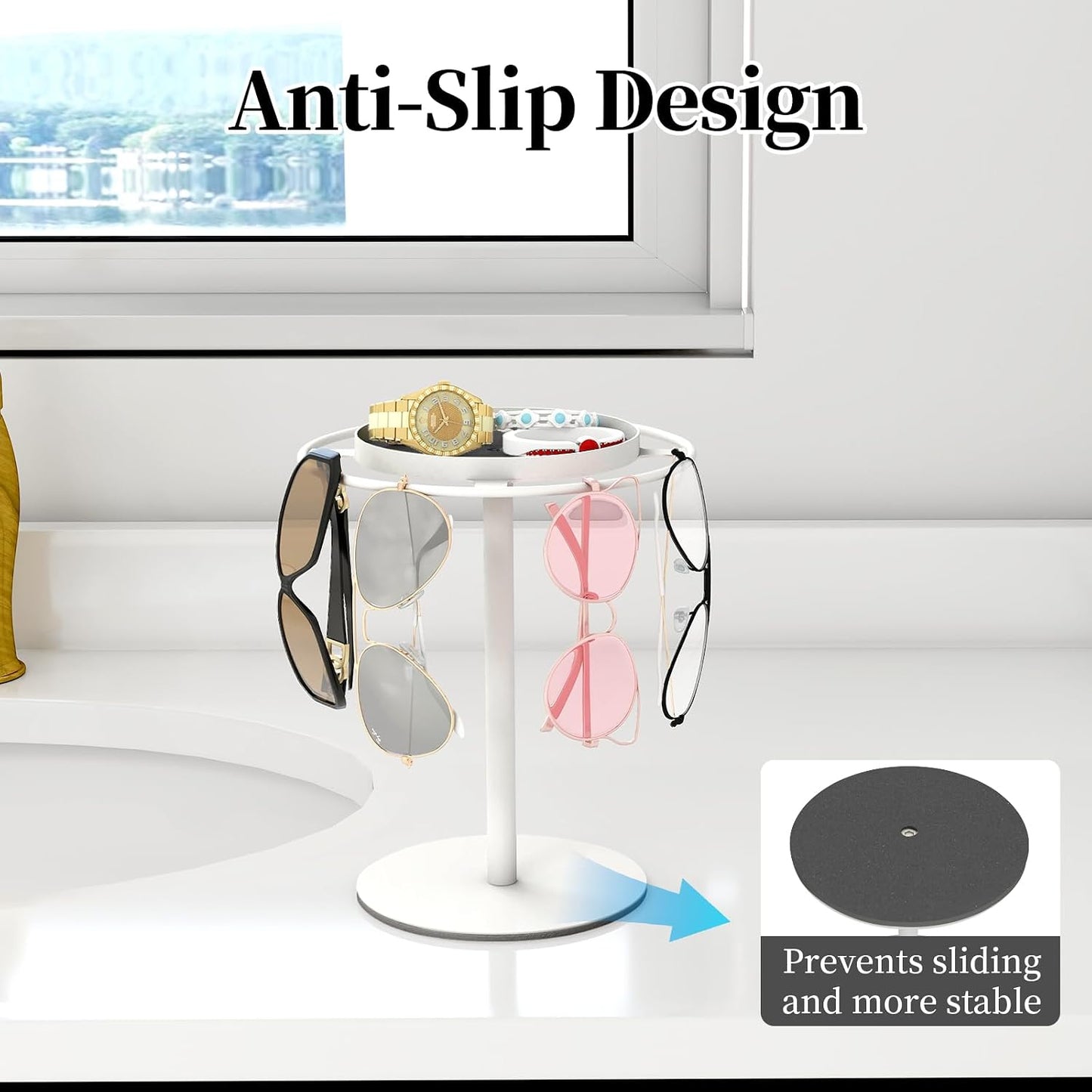 LSK Metal Sunglasses Organizer, Glasses Holder Stand with Storage Tray | Eyeglasses Holder with Anti-Slip Pads for Tabletop, Desk, Dresser, Matte Black
