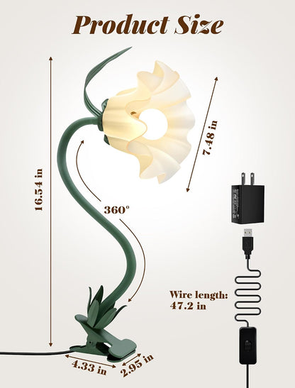 Clip On Light and Bed Headboard Lamp,Valentines Day Gifts for Women,Flower Desk Lamp with 3 Color Modes,USB Power Gooseneck Reading Light,Night Light for Nursery,College Dorm Room Essentials (Green)