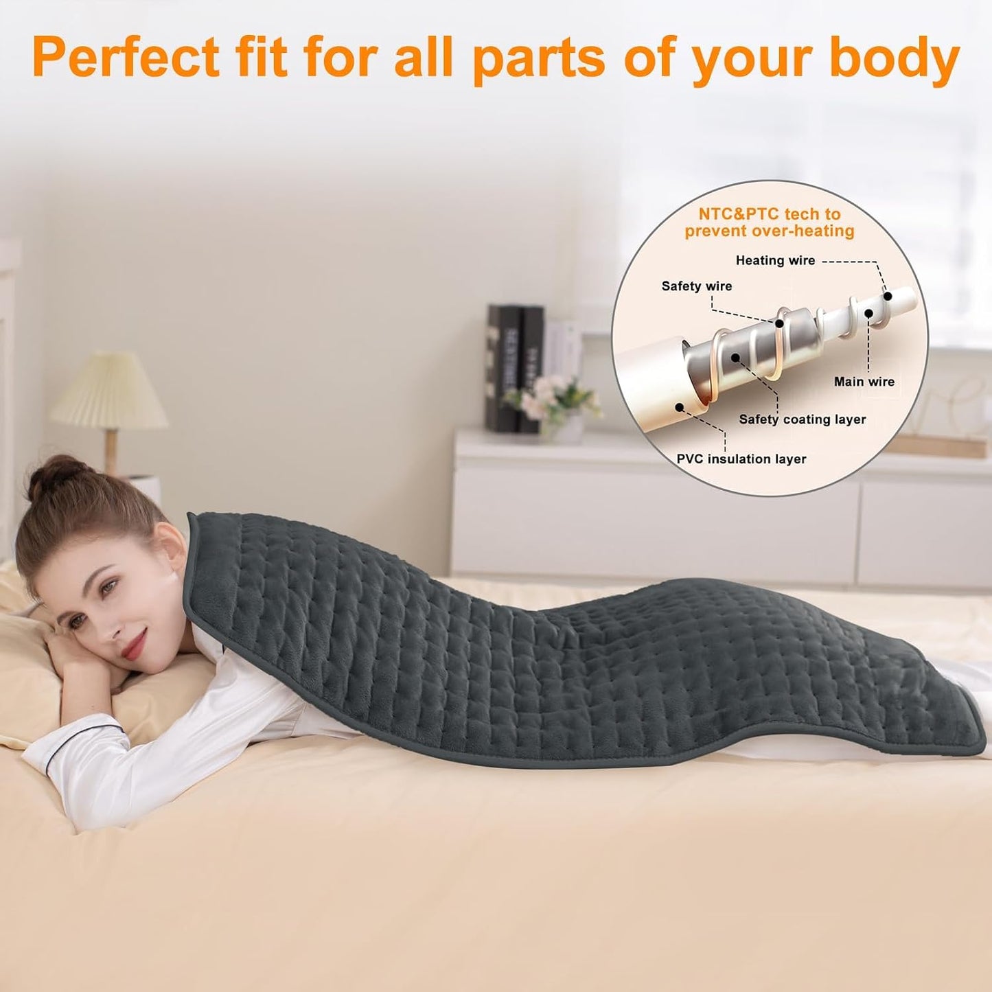 Heating Pad,Heated Blanket,Heating Pad for Back Neck,Grey,24x12 Inch | Electric Heating Pad,Dry/Moist Heat Heating Pads,Heating Pads for Shoulder,Abdomen,Heat Pad for Women Men,Birthday Gift
