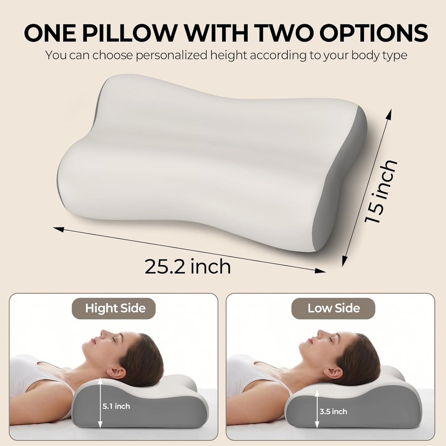 Polovo Cervical Neck Pillow for Pain Relief - Ergonomic Side Sleeper Pillow for Deep Sleep, Contour Memory Foam Pillows for Sleeping Bed Pillow for Side Back Stomach Sleepers(Grey)