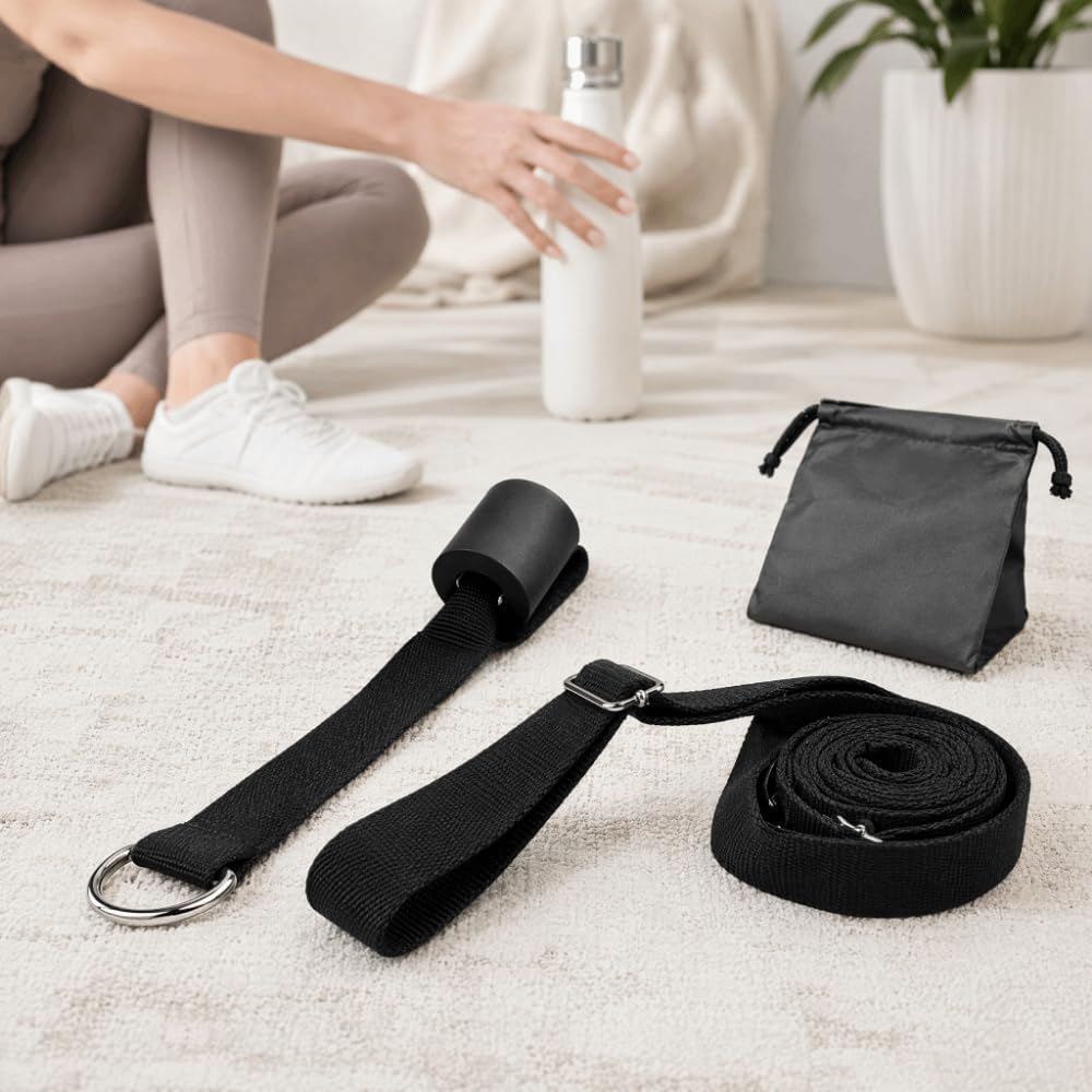 Over Door Ballet Leg Stretch Strap with Door Anchor, Black | Door Anchor Included, Metal Buckles And D-Rings, Storage Pouch, Splits And High Leg Stretches, Home Studio Gym Travel