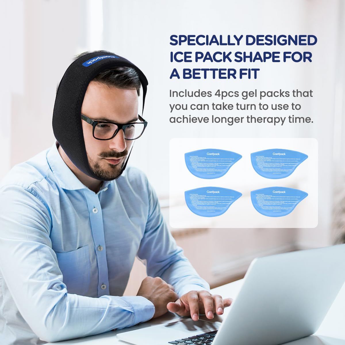 Comfpack Face Ice Pack Wrap for TMJ Relief with 4 Reusable Gel Packs | Hot Cold Therapy, Wisdom Teeth Ice Pack Head Wrap for Tooth Extraction & Teeth Removed, Oral Surgery, Cosmetic Injection