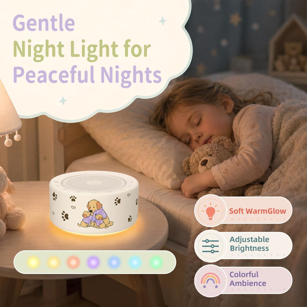 Kipcush White Noise Machine for Baby & Adults, 30 Soothing Sounds, Sleep Sound Machine with 8 Color Night Light, Memory Function, White Noise for Sleeping, Nursery, Office, Travel & Relaxation