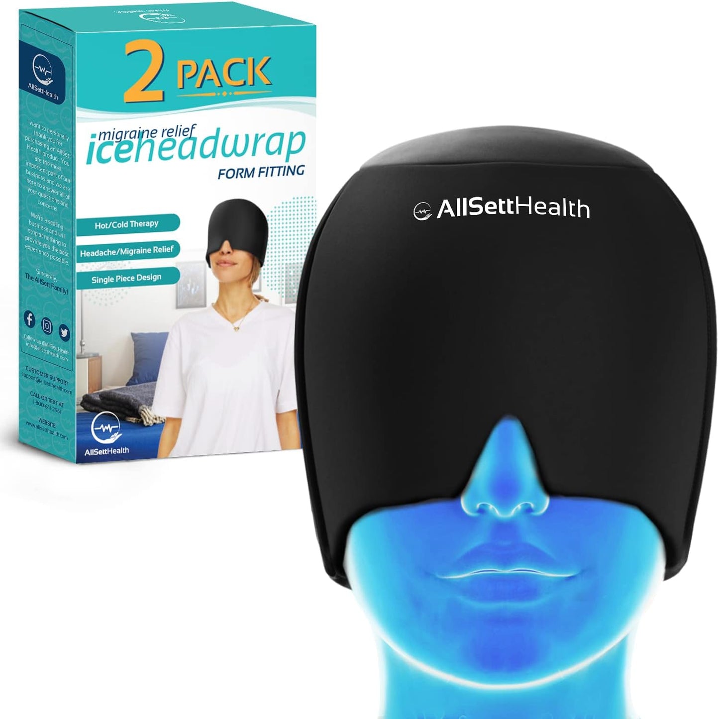 Migraine Relief Cap Ice Head Wrap and Hat | Hot/Cold Gel Pack with Face and Eye Mask Compress for Headache Relief - Black