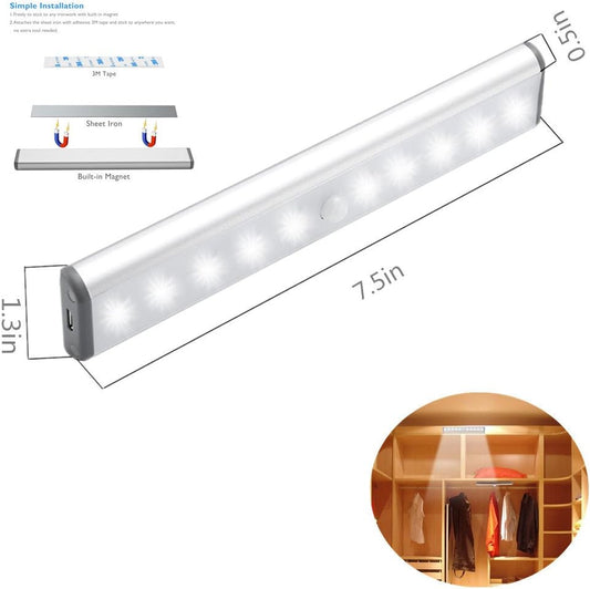 RXWLKJ Stick-on Anywhere Portable Little Light Wireless LED Under Cabinet Lights 10-LED Motion Sensor Activated Night Light Build in Rechargeable Battery Magnetic Tap Lights for Closet, Cabinet