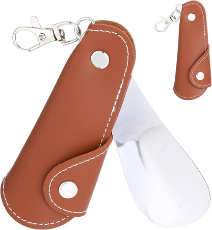 ElevateTech Metal Shoe Horn, Foldable Shoe Horns Shoes Spoon, 7.4 Inch | for Men Women, Short Mini Travel Shoehorn, Stainless Steel, with Leather Case and Keychain