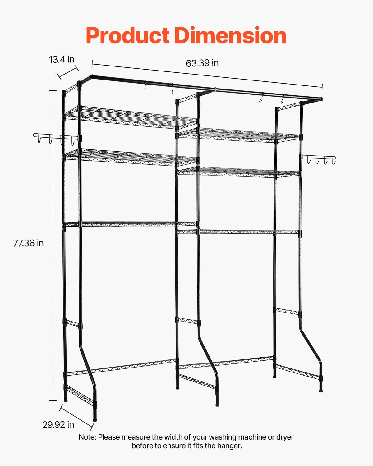 VEVOR Over the Washer and Dryer Storage Shelf, 5 Tier Laundry Room Drying Rack with Hanger Rod and Hooks, Adjustable Over Washer and Dryer Shelves, Laundry Room Shelf Storage Space Saver, White