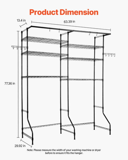 VEVOR Over the Washer and Dryer Storage Shelf, 5 Tier Laundry Room Drying Rack with Hanger Rod and Hooks, Adjustable Over Washer and Dryer Shelves, Laundry Room Shelf Storage Space Saver, White