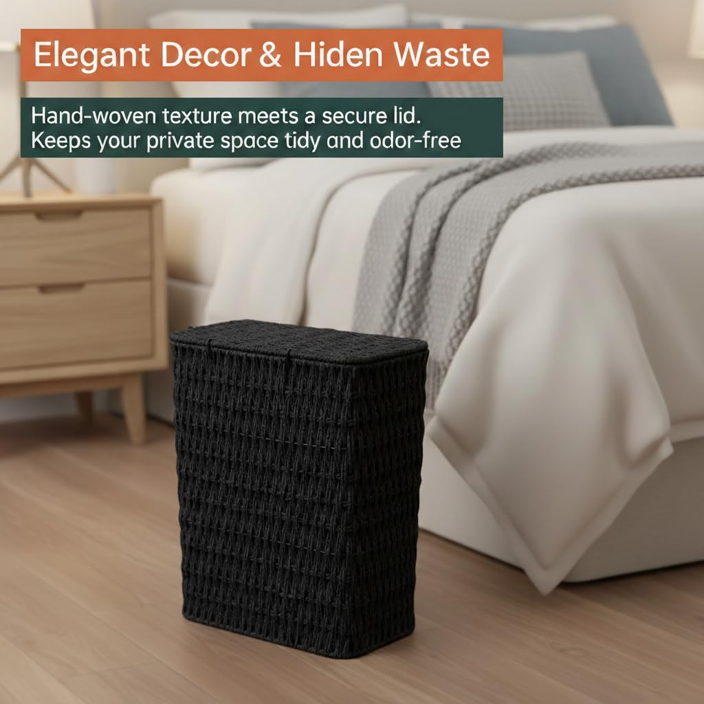 Coeusy 3 Gallon Wicker Trash Can,Small Bathroom Trash Can with Lid,Natural Water Hyacinth Wicker Waste Basket for Bedroom,Toilet,Narrow Garbage Can with Removable Liner