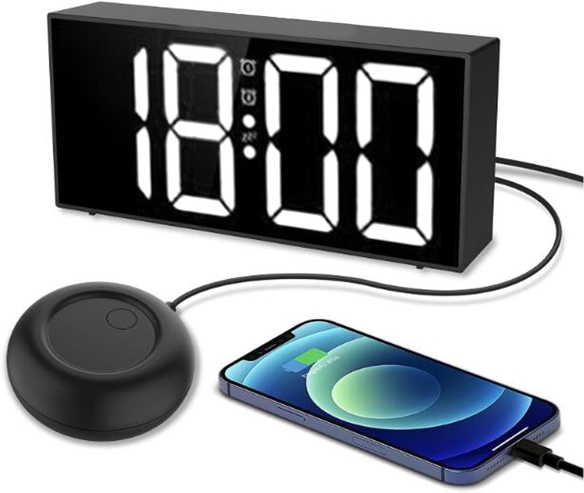 Zyyini Extra Loud Alarm Clock with Bed Shaker for Heavy Sleeper and Deaf Hearing Impaired, Dual Alarm, 7.4 Inch Mirror LED Display, Dimmer, 12/24H, Snooze