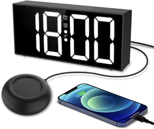 Zyyini Extra Loud Alarm Clock with Bed Shaker for Heavy Sleeper and Deaf Hearing Impaired, Dual Alarm, 7.4 Inch Mirror LED Display, Dimmer, 12/24H, Snooze