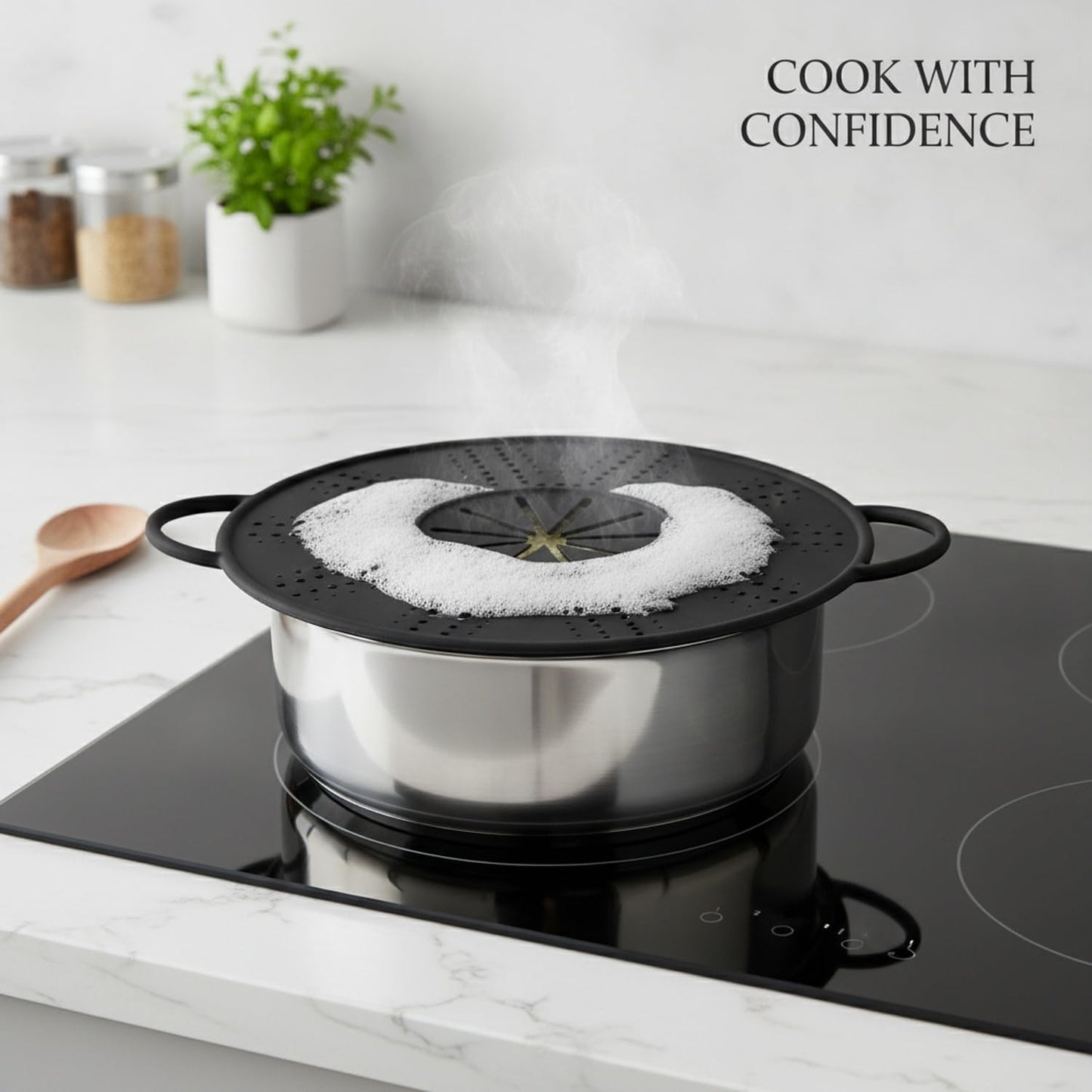 Silicone Pot Lid Spill Stopper with Handles, Heat Resistant Cover for Boiling Pots, 13.4 x 10.9 Inches, Black