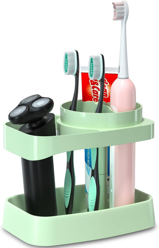 Toothbrush Holders for Bathrooms, 4 Slots with Drainage and Ventilation, ABS Plastic, with Anti-Slip Base for Holding Electric Toothbrush & Toothpaste (Green)