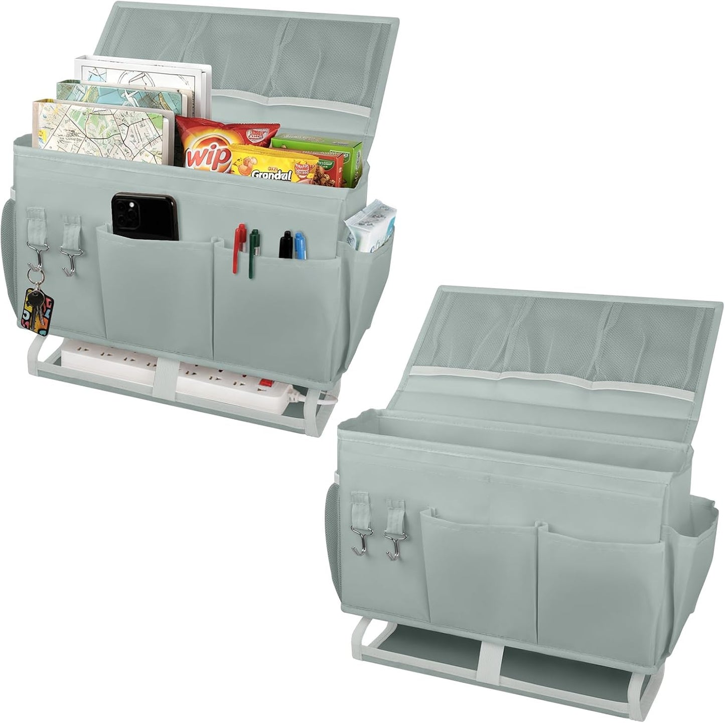 2Pcs Bedside Caddy for Dorm Bed Bedside Organizer, Bedside Storage with 10 Pockets and Power Strip Holder, Multifunctional Bedside Pocket for Home, College, Dorm, Bunk/Hospital/Crib Bed (Beige)