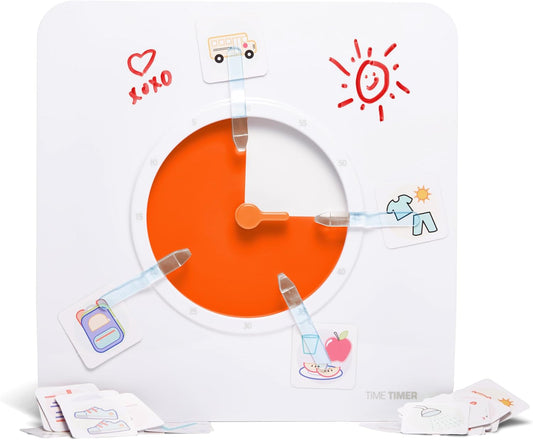 TIME TIMER Visual Schedule Package - 8-inch 60 Minute Visual Routine Timer with Dry Erase Board, PECS Cards, and Whiteboard Marker - for Kids Desk, Classroom, Home, and Routines (Orange)
