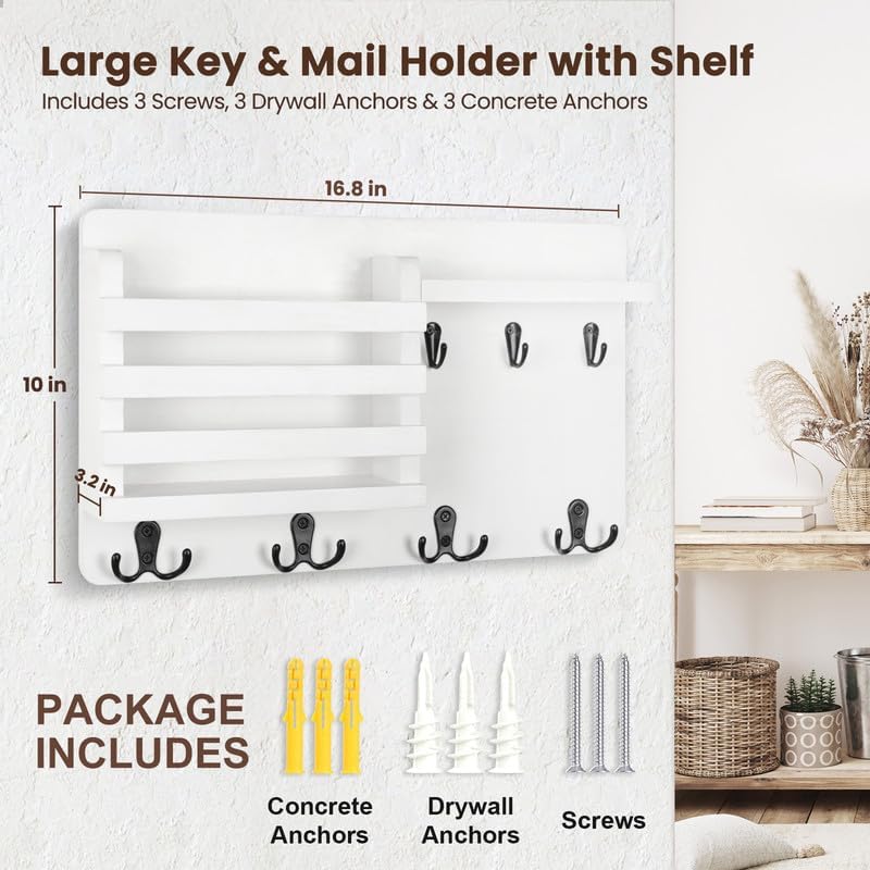 Nekon Mail Holder for Wall, 16.8 Inch Mail Organizer, Black | 16.8Inch x 10Inch x 3.2Inch, Hallway Farmhouse Decor, Storage Racks with Floating Shelf and Flush Mount Hardware