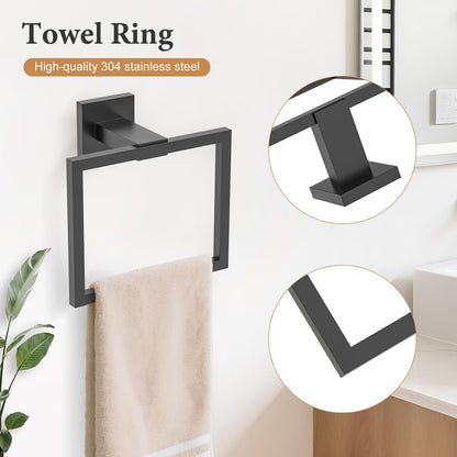 TURS Bathroom Hardware Set Black 4-Piece Towel Bar Set Include 24 Inch Towel Bar Hand Towel Holder Towel Hook Toilet Paper Holder with Shelf Wall Mounted Stainless Steel Bathroom Accessories Set
