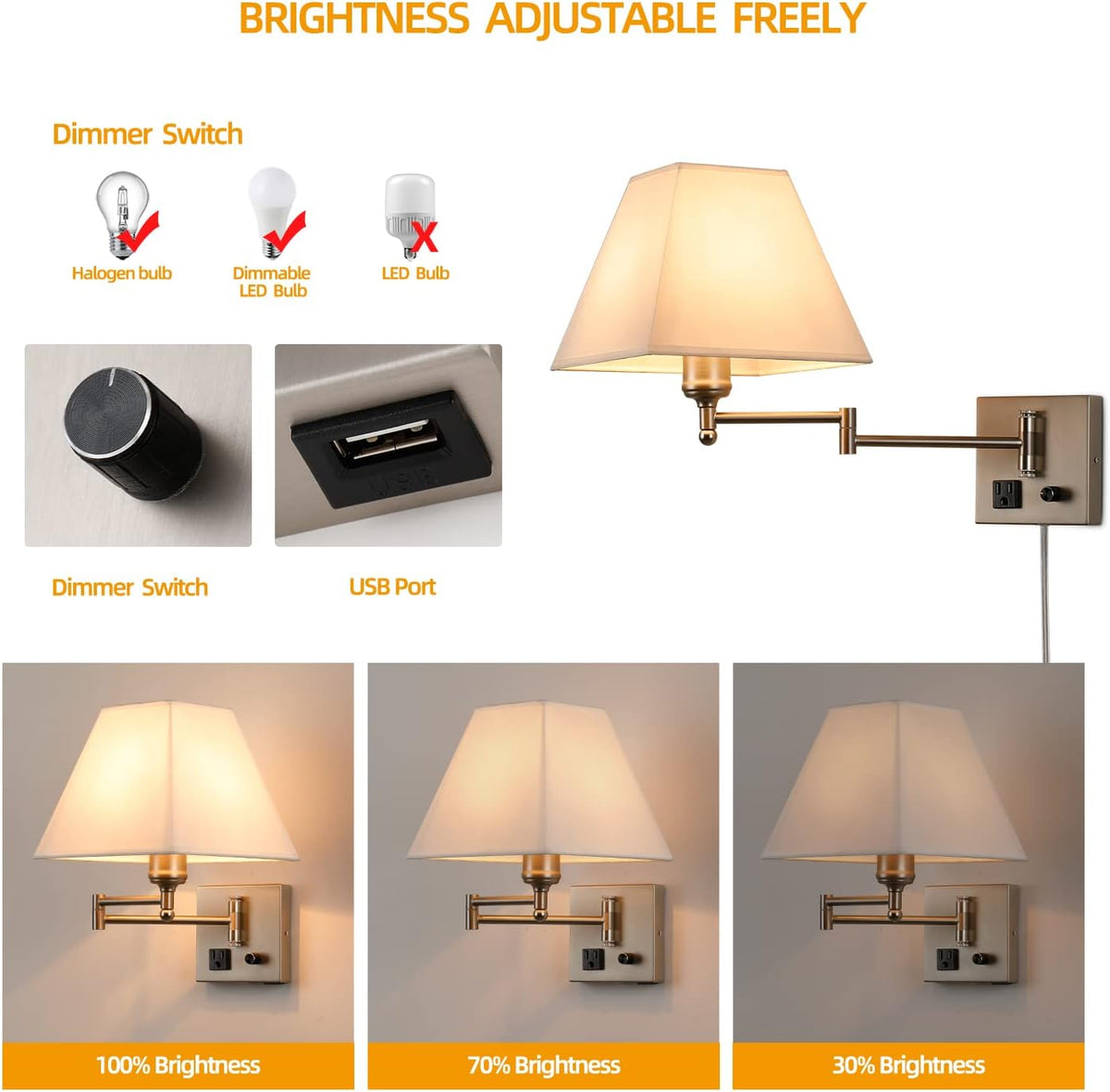 Wall Mounted Lamp Plug in Wall Sconce with Dimmable Switch Swing Arm Wall Lamp Whire Fabric Shade with USB Port Gold Wall Sconce Suitable for Hallway Bedroom Living Room…