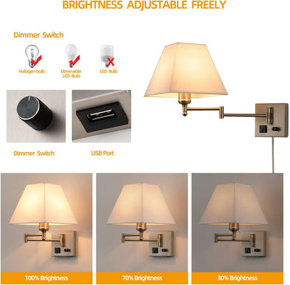Wall Mounted Lamp Plug in Wall Sconce with Dimmable Switch Swing Arm Wall Lamp Whire Fabric Shade with USB Port Gold Wall Sconce Suitable for Hallway Bedroom Living Room…