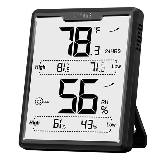 DOQAUS Hygrometer Indoor Thermometer, Temperature Humidity Meter, Black | 3.4in Large LCD Display, Temp Humidity Monitor with Max Min Records for Home, Bedroom, Baby Room, Office, Greenhouse