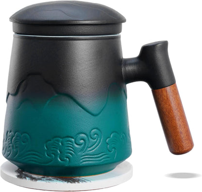 ZENS Tea Cup with Infuser and Lid & Coaster for Tea Steeper, 15oz Blue | Embossed Ceramic Tea Infuser Mug for Loose Leaf Tea Difussers, Tea Lovers Gifts, Nature Wood Handle