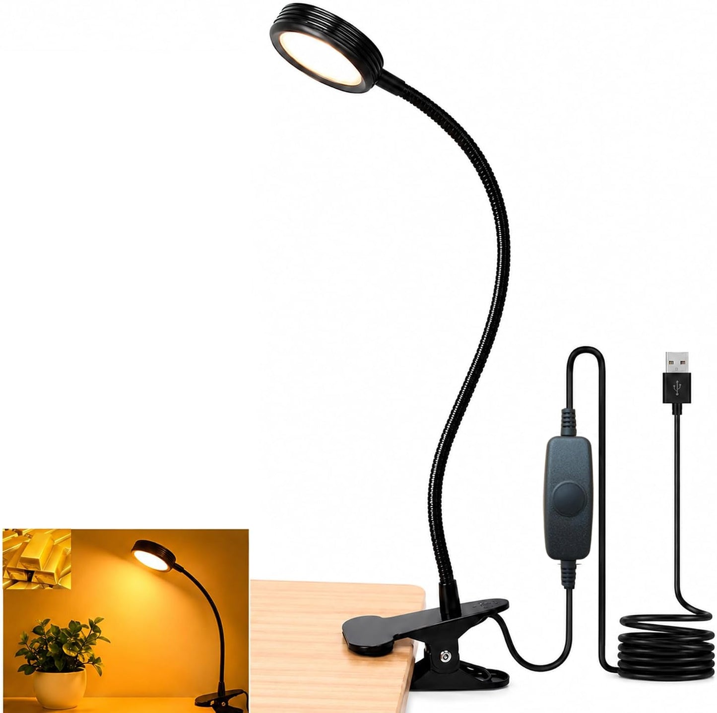 USB Clip-On Lamp, Eye Caring Dimmable Reading Light (Warm+Cool White, 8W) | Dimmable, Inline Switch, 1M Timer, USB 5V Port, 3000K+6000K, 81inch Long Cable, Flexible Gooseneck, Metal Head and Clip