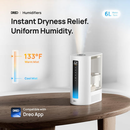 DREO 6L Smart Humidifiers for Bedroom, Warm & Cool Mist for Large Room | 60-Hour Quiet Runtime, 500ML/H Output, Smart Humidity Sensor, Indicator Light, App Control, Works with Alexa & Google, Silver