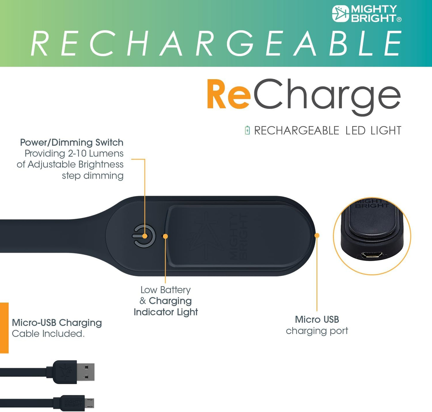 The Original Mighty Bright Recharge Clip On Rechargeable Book Light Reading Light, Warm Eye Care LEDs, Flexible, Durable, Dimmable, Perfect for Kids, Bookworms, Reading in Bed, Lasts 60 Hours (Green)