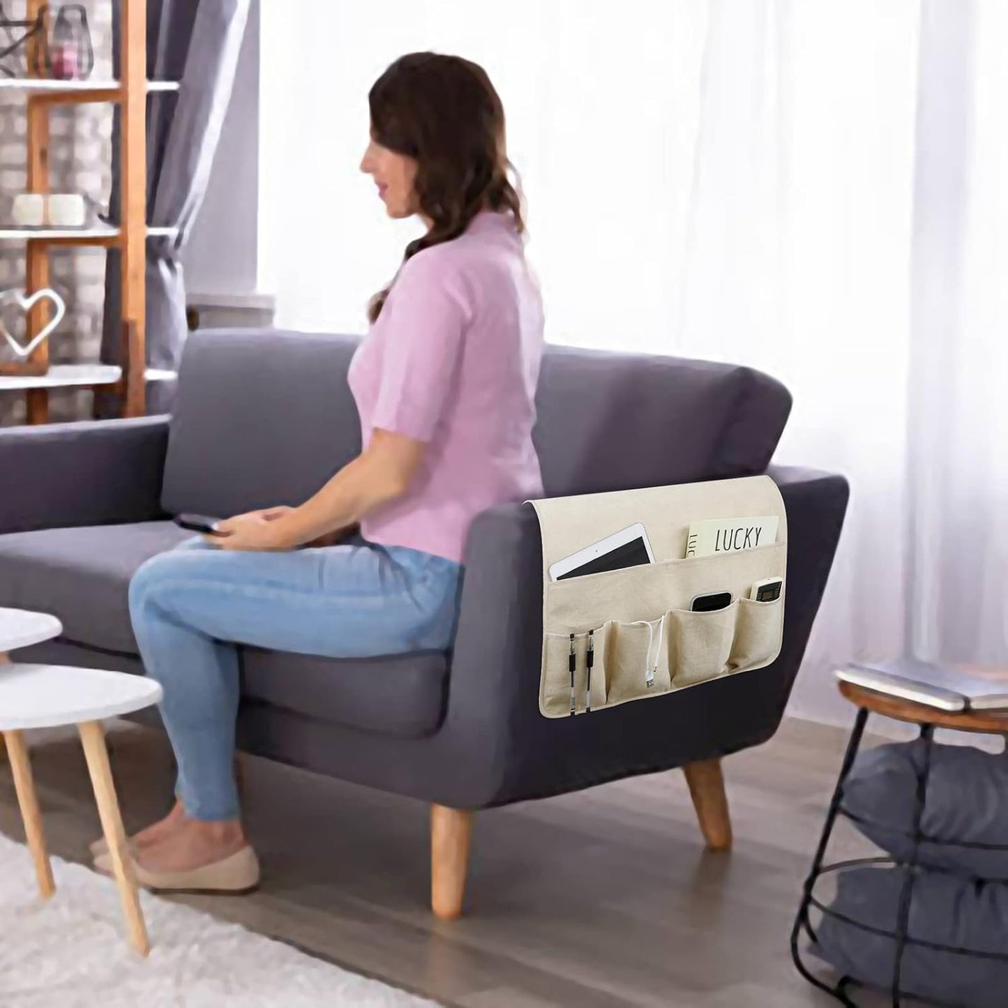 Remote Control Holders for Armchairs, Couch Caddy, Featuring Non-Slip Bases | 5 Pockets Bedside Storage Pocket for TV Remote Holder, Phone Tablet Kindle, Magazines, Gifts for Seniors (Beige, 35"X12.4")