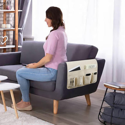 Remote Control Holders for Armchairs, Couch Caddy, Featuring Non-Slip Bases | 5 Pockets Bedside Storage Pocket for TV Remote Holder, Phone Tablet Kindle, Magazines, Gifts for Seniors (Beige, 35"X12.4")